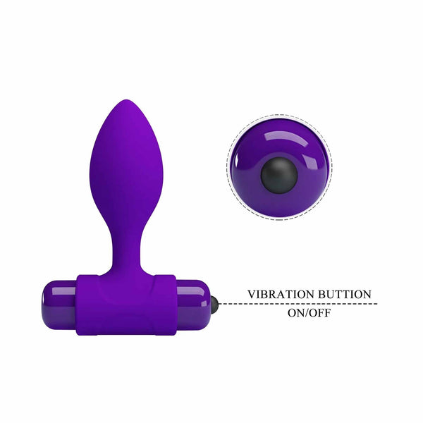 Dettaglio pulsante vibrazione su plug anale viola in silicone Pretty Love