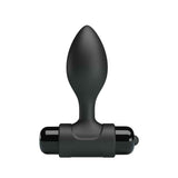 Fronte plug anale nero in silicone con modulo vibrante integrato e pulsanti