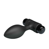 Vista laterale inferiore plug anale nero in silicone con base cilindrica