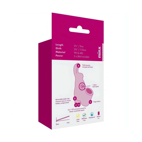 Scatola Mini Bunny Finger Vibrator Minx viola con specifiche TPE, impermeabile e batterie incluse