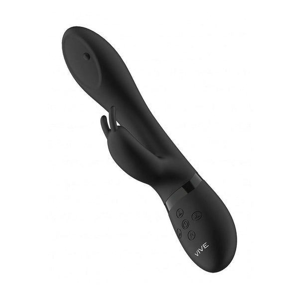 Vibratore rabbit nero Mira profilo laterale con pin rotante e pulsanti incisi