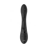 Vibratore rabbit nero con base a pulsanti e fascia lucida vista frontale