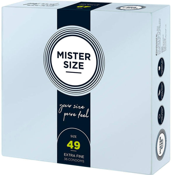 Scatola azzurra preservativi Mister Size Extra Fine 49 mm, confezione da 36