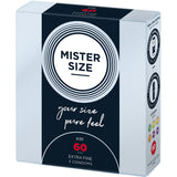 Vista angolata pacco Mister Size 60 mm, 3 profilattici extra fini, gamma taglie
