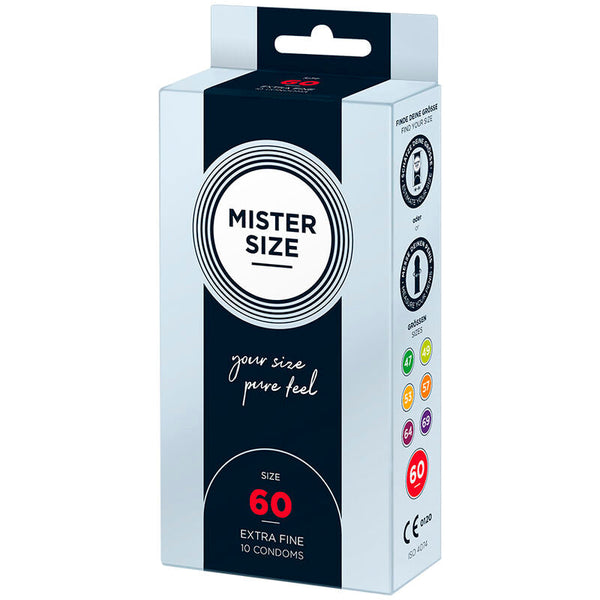 Scatola Mister Size 60 mm Extra Fine, 10 pezzi, evidenziata misura con cerchi colorati