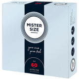 Fronte pacco Mister Size 60 mm Extra Fine, 36 profilattici, design blu e grigio