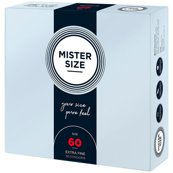 Fronte pacco Mister Size 60 mm Extra Fine, 36 profilattici, design blu e grigio