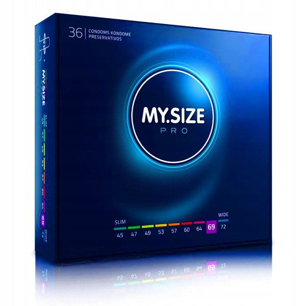 Confezione My Size Pro profilattici XXL 36 pezzi misura 69 mm su sfondo blu scuro