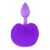 Vista frontale plug anale viola Neon Bunny Tail con punta arrotondata e coda folta