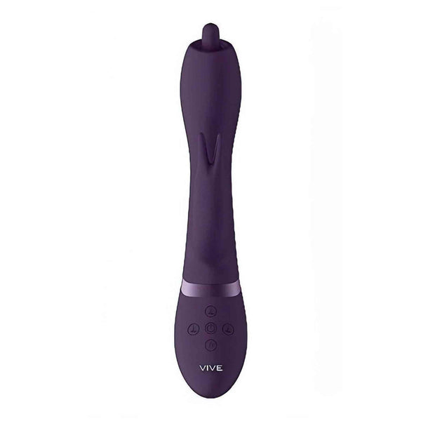 Vibratore rabbit viola scuro frontale con fascia metallica e controlli FX