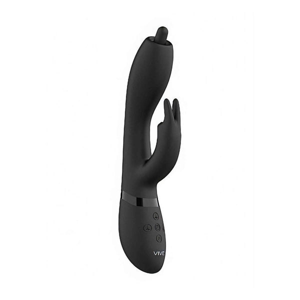 Vibratore rabbit nero verticale con base lucida e tre pulsanti tattili