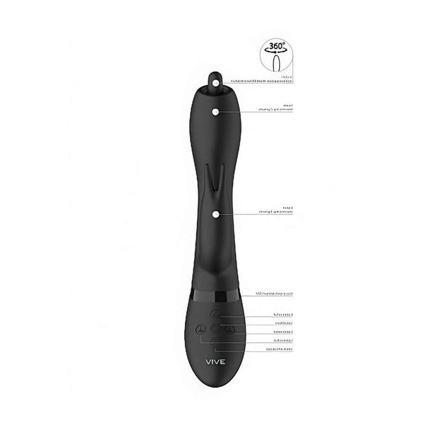 Diagramma tecnico vibratore rabbit nero funzioni punta 360 gradi e clitoride
