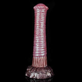 Dildo rosa Srepnia con base a fiore e righe orizzontali, finitura lucida