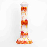 Dildo bianco Srepnia con spruzzi rosso-arancio, superficie lucida e base a fiore