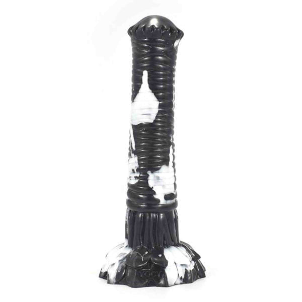 Dildo nero Srepnia con macchie marbled bianche, superficie lucida e base floreale