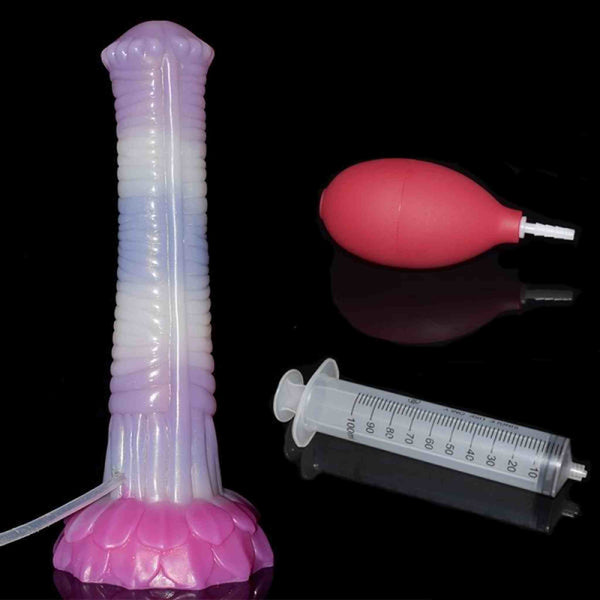 Dildo spruzzante silicone YOGY gradiente rosa bianco viola con siringa 100ml e pompetto