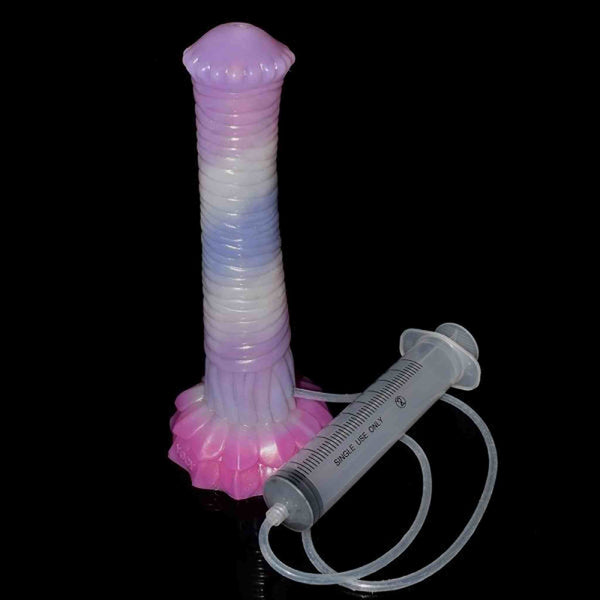 Dildo spruzzante in silicone YOGY gradiente rosa bianco viola con base a fiore e siringa