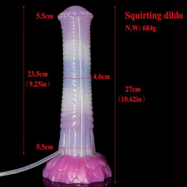 Dildo spruzzante silicone YOGY 27 cm gradiente rosa bianco viola con specifiche dimensioni