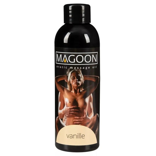 Olio per massaggi Magoon vaniglia 100 ml bottiglia nera con etichetta