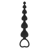 Vista frontale palline anali silicone nero con cinque sfere e anello cuore