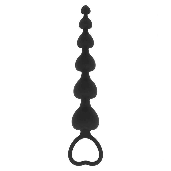 Vista frontale palline anali silicone nero con cinque sfere e anello cuore