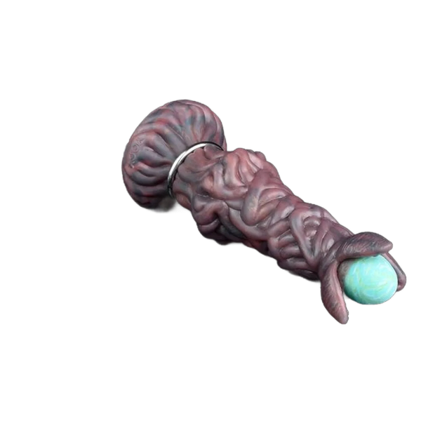 Ovipositor Pandora rosso violaceo con anello metallico e uovo turchese