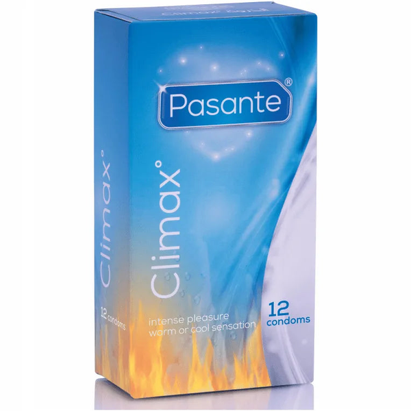 Scatola Pasante Climax 12 pezzi preservativi effetto caldo o freddo design gradiente
