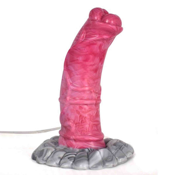 Dildo rosa in silicone con testa biforcuta, venature bianche e spina di alimentazione
