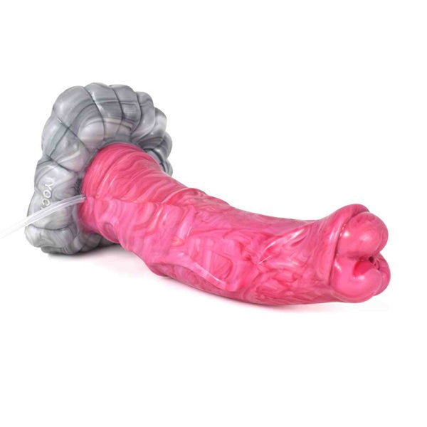 Dildo rosa anatomico in silicone con base a anelli concentrici e scritta YOCY