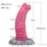 Dildo rosa in silicone con misurazioni dettagliate e peso netto su sfondo bianco