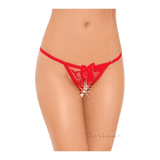 Perizoma intimo sexy rosso con fiocco centrale e tessuto trasparente motivo floreale