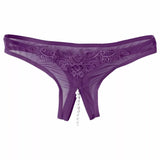 Perizoma viola rete trasparente con catena di perline bianche