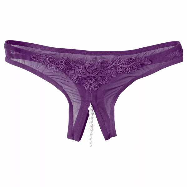 Perizoma viola rete trasparente con catena di perline bianche