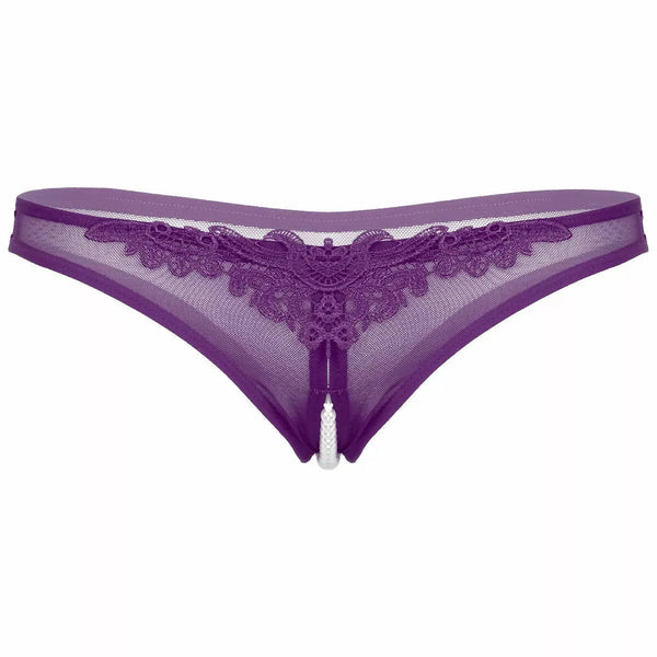 Perizoma viola Tanga con singola perla centrale e pizzo floreale