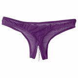 Tanga viola in pizzo con fila di perline stimolanti vista frontale