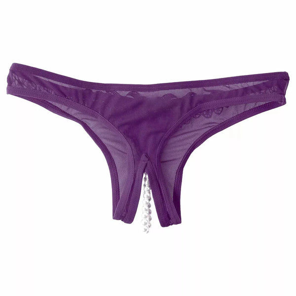 Tanga viola in pizzo con fila di perline stimolanti vista frontale