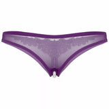Perizoma viola in rete con fascia pizzo e perline bianche