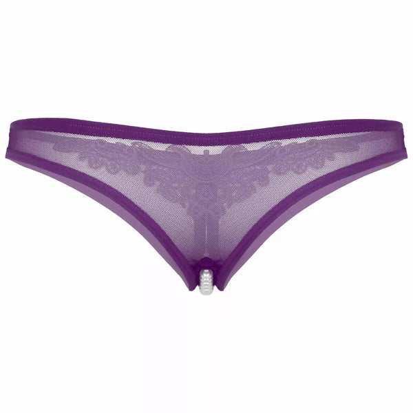 Perizoma viola in rete con fascia pizzo e perline bianche