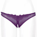 Perizoma viola su manichino con perline centrali e taglio Tanga