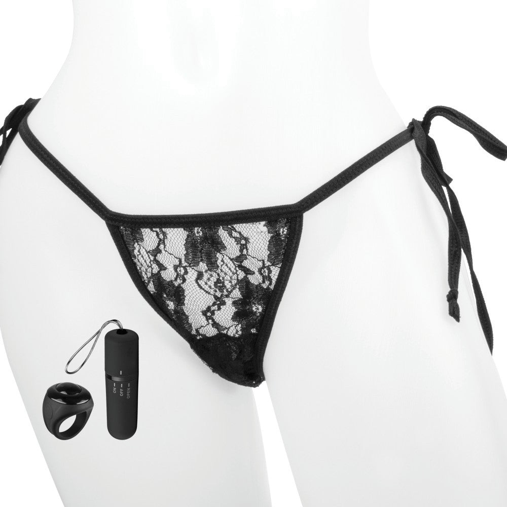 Vibrating thong with wireless remote control ring - 10 vibration modes, Black