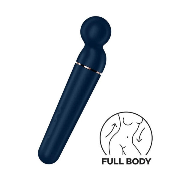 Satisfyer Planet Wand-er vibratore a bastoncino blu scuro e rosa oro con fascia dorata