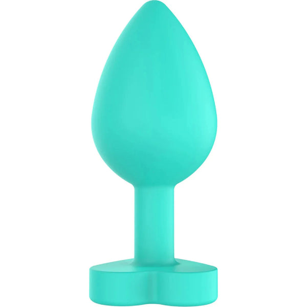 Plug anale verde acqua silicone forma goccia base cuore vista frontale
