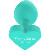Vista frontale plug anale verde acqua silicone base a cuore incisa