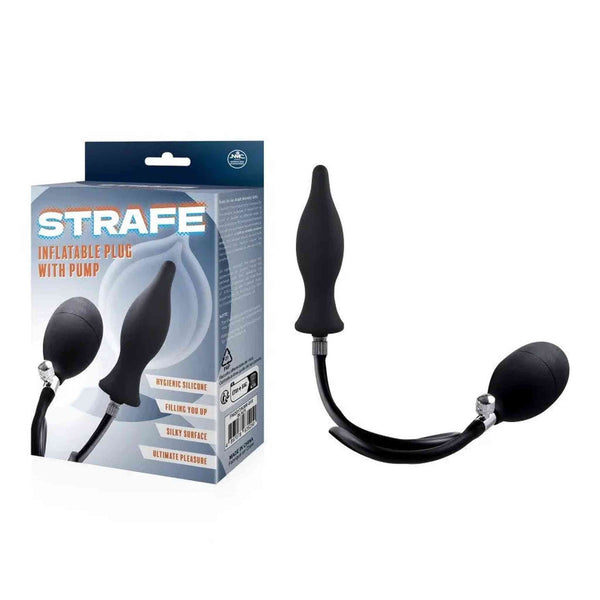 Plug anale gonfiabile in silicone nero STRAFE con pompa manuale, superficie vellutata e confezione