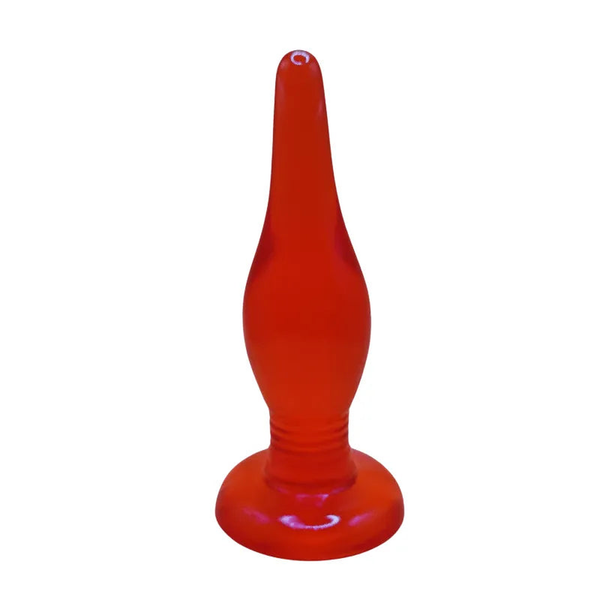 Plug anale rosso flessibile vista frontale con superficie liscia e anelli rientranti