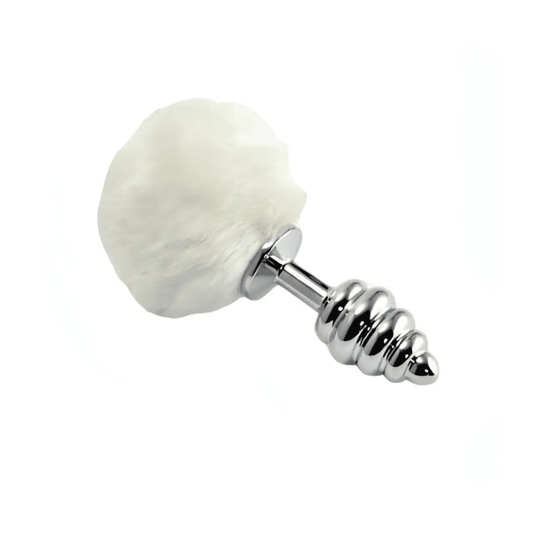 Plug anale a spirale in metallo argentato con pon pon bianco