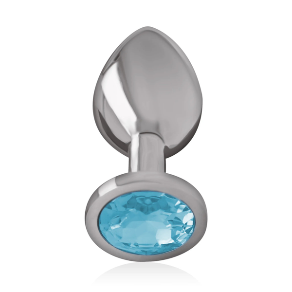 Dettaglio base circolare plug anale con diamante azzurro ovale metallico