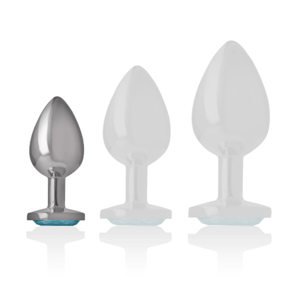 Confronto dimensioni plug anali metallo con gemma azzurra S M L