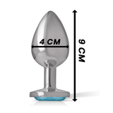 Plug anale metallo 9 cm con pietra azzurra facettata e indicazioni misure