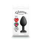 Confezione Glam's Xchange plug anale nero con tre gemme cuore intercambiabili incluse